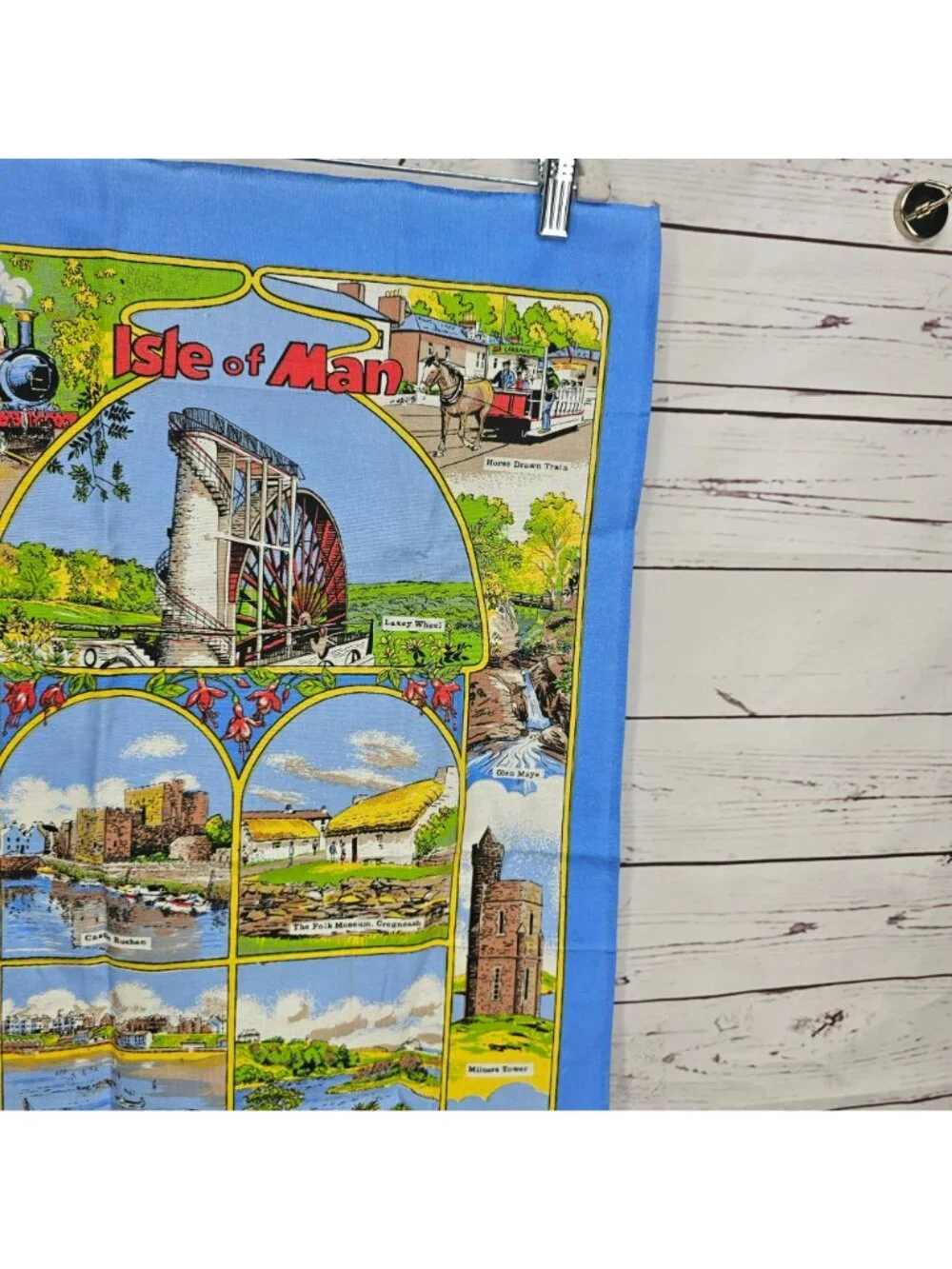 Vintage Isle Of Man Souvenir Tea Towel Featuring Landmarks Laxey Wheel Castle Ru